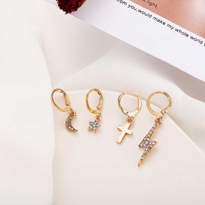 European and American 4pcs/set Lightning Cross Star Moon Gold-color Crystal Earrings