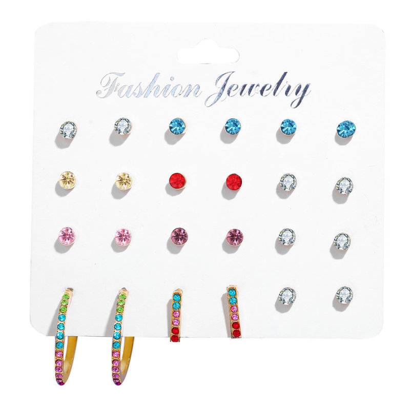 12pcs/set Creative retro fashion simple C type colorful crystal earrings for girls 12pcs/set Creative retro fashion simple C type colorful crystal earrings for girls