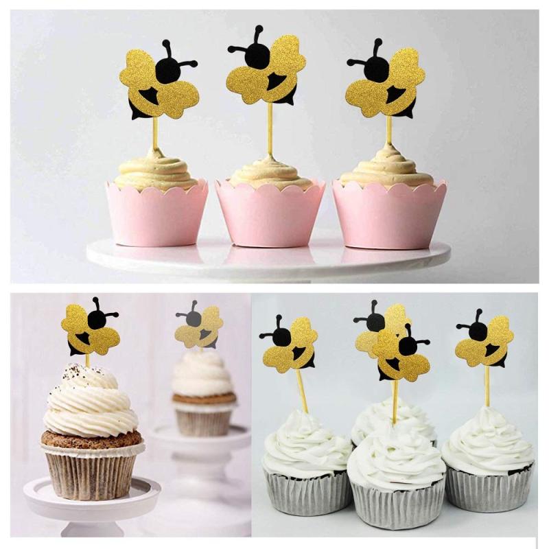 24pcs Cake Decor Glitter Bumble Bee Cake Topper Cupcakes Party Decoration