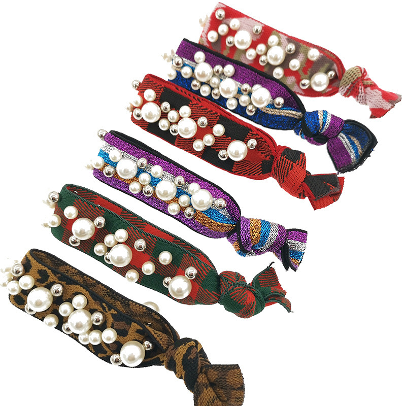 Wholesale Custom High Elastic Leopard Rainbow Pearl Hair Ties For girls Wholesale Custom High Elastic Leopard Rainbow Pearl Hair Ties For girls