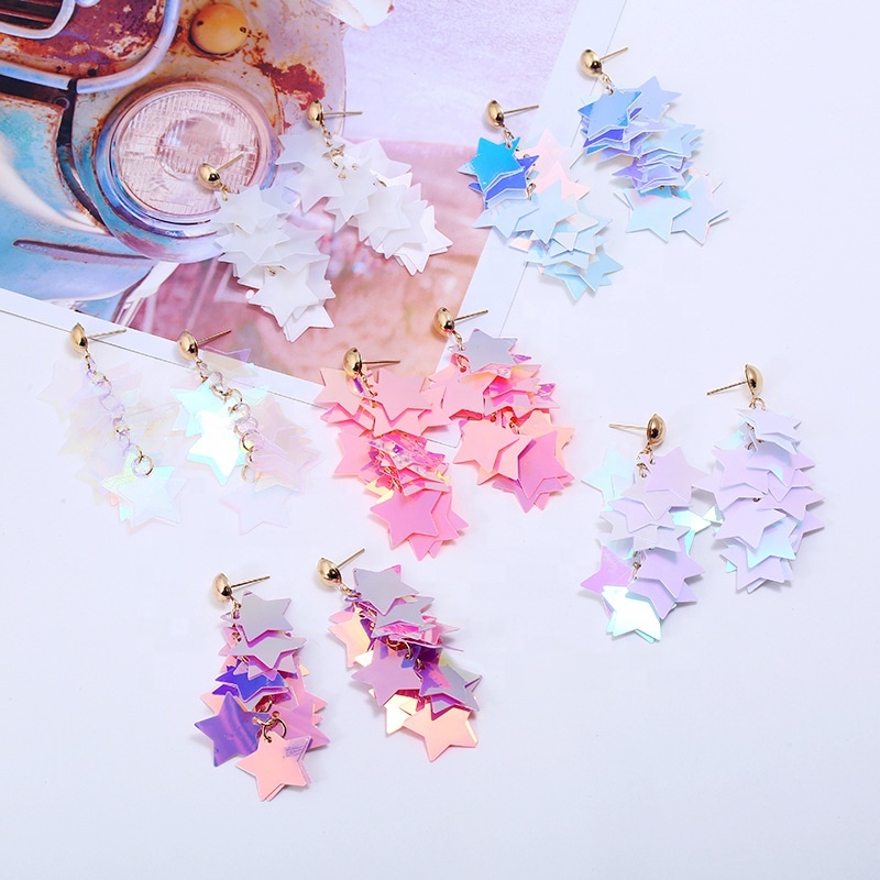 Amazon wholesale bling  multi-layer splicing pentagram tassels star shape earrings