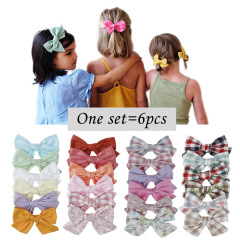 Amazon hot sale 6pcs/set printed plaid solid color mix girls kids bowknot hair clips for children