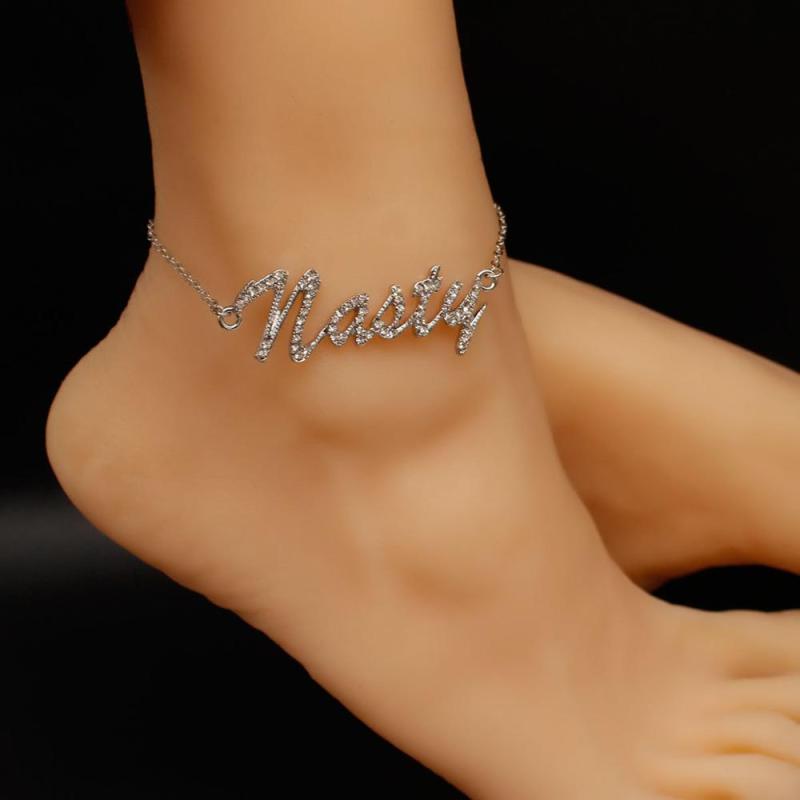 wholesale custom bohemian metal chain women jewelry crystal letter anklets