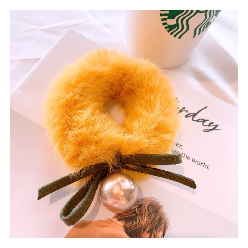 Winter Hair Scrunchies Elastics ponytail holder pompom pearl Bow plush hair tie