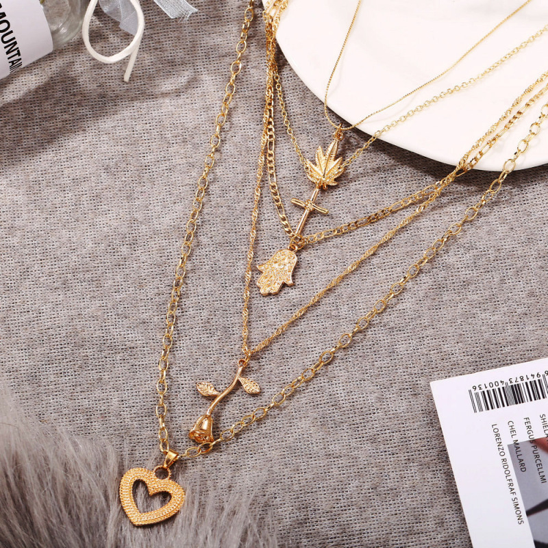 wholesale wish Amazon ins fashion gold rose heart chain choker multi-layer necklace for women lady girls