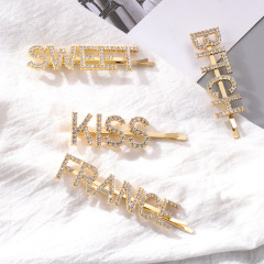 2020 Custom free sample Crystal Rhinestone text gold hair pins with words for women Alphabet initial hair pins