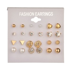 12 pcs alloy zircon earrings with diamond round heart stud earring sets