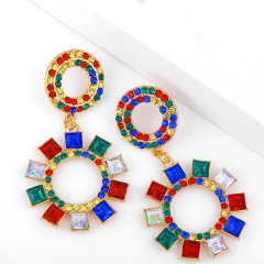 korean Customized fashion vintage round circle drop colorful rhinestone dangle earring jewelry for women lady girls