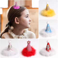 custom fancy winter hair accessory plush girls kids children's christmas santa hat hair clips