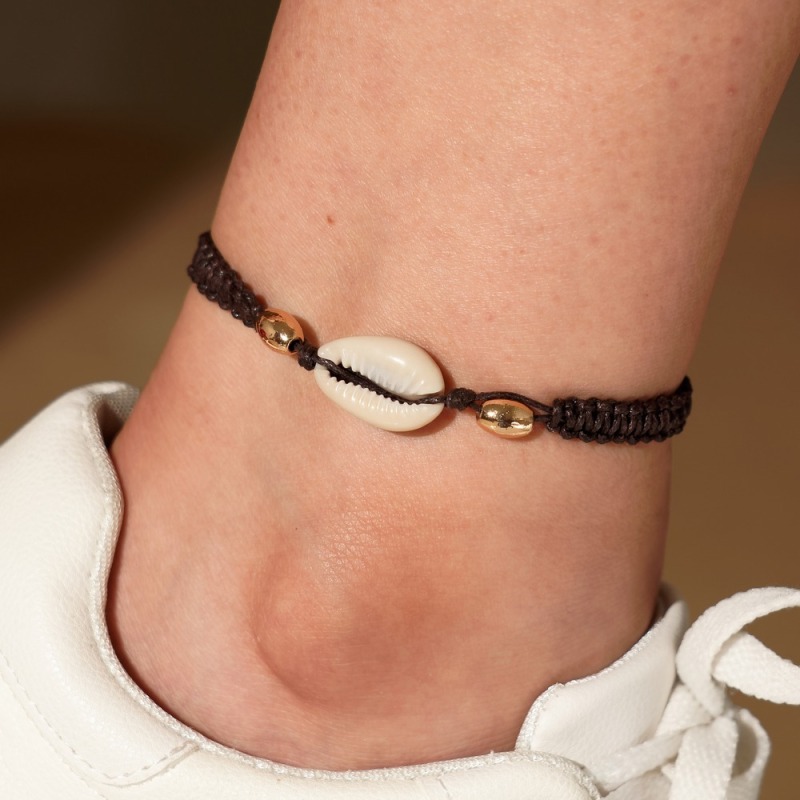Women accessories brown handmade leather jewelry ankle bracelet shell anklet