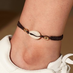 Women accessories brown handmade leather jewelry ankle bracelet shell anklet