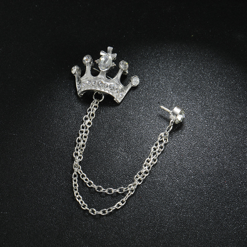 wholesale Alloy Silver England Tassels Chain crown rhinestone brooches for men Suit Jewelry  brooch stick pin