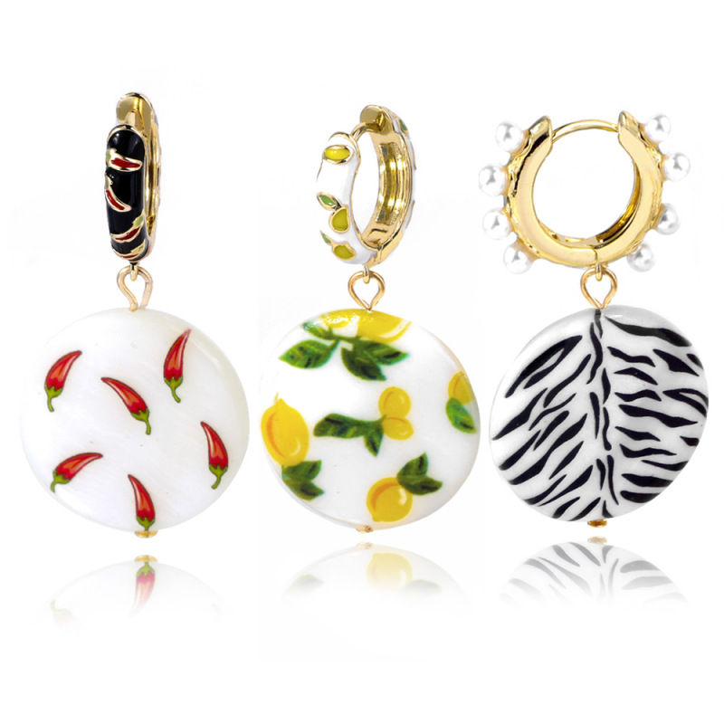 Fashion printing lemon chili alloy copper pearl shell women drop ladies earring Fashion printing lemon chili alloy copper pearl shell women drop ladies earring