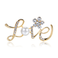 Amazon hot sale fashion crystal women girls rhinestone pearl letter LOVE brooches
