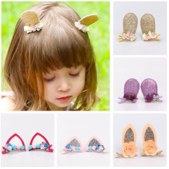 wholesale custom ins korean autumn winter glitter girls baby kids animal cat rabbit ear children's hair clips