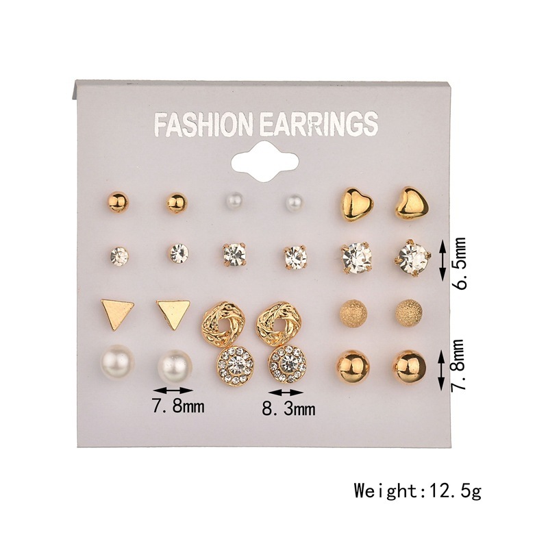 12 pcs alloy zircon earrings with diamond round heart stud earring sets