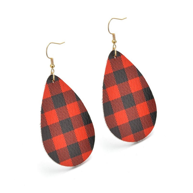 Fashion Colorful Creative Simple Two-sided Teardrop  Lattice Pattern Leather Hook Earrings