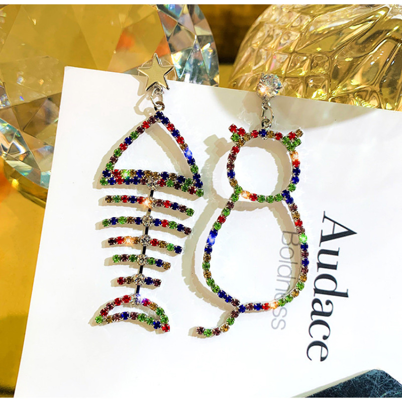 Korean fashion personality fishbone and cat bling bling long colorful crystal earrings for female