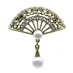 Chinese style fashion designer rhinestone pearl retro fan brooches for ladies