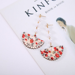 Korean temperament personality prendent pearl tassel wooden fan earrings for women
