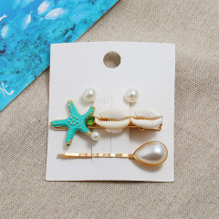 Summer girls faux pearl earrings stud and starfish crystal shell hair clip sets for women