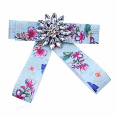 Custom new fashion printed rhinestone flower women bowknot ribbon brooches