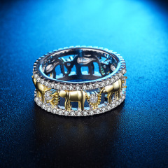 Antique Casting  Ring Golden Elephant Zircon Crystal Men Thai Silver Rings