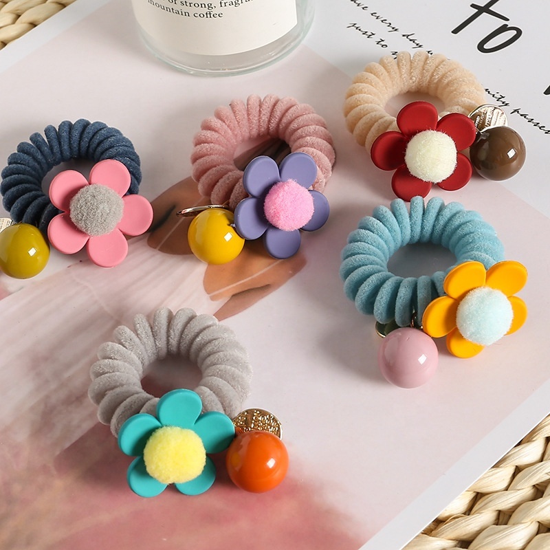 South korea autumn and winter cute flower hair rope new plush telephone wire hair ties with bead
