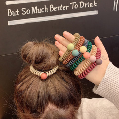 custom ins eco-friendly girl korean beads scrunchy elastic telephone cord spiraled hair ties for women
