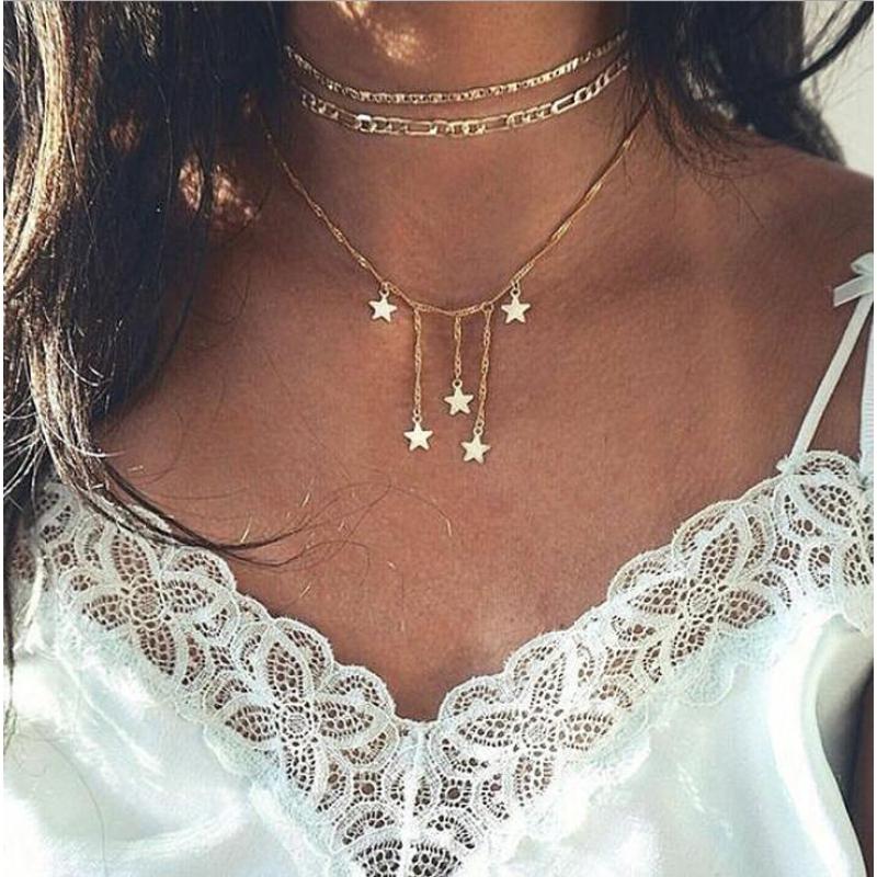 wholesale Amazon ins hot creative retro simple alloy pentagram multi layer necklace