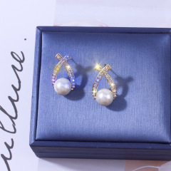 Fashion S925 silver needle crystal bow pearl alloy fashion stud earring with rhinestone