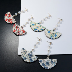 Korean temperament personality prendent pearl tassel wooden fan earrings for women Korean temperament personality prendent pearl tassel wooden fan earrings for women