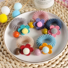 South korea autumn and winter cute flower hair rope new plush telephone wire hair ties with bead