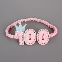 Ins hot sale pink color 100-day hair band rhinestones bows girl birthday crown head band jewelry