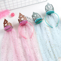 kids hair accessories guangzhou glitter lace veil hair pin princess crown hairband