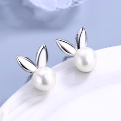 Amazon hot  s925 silver rabbit-shape white nature fresh water pearl earrings