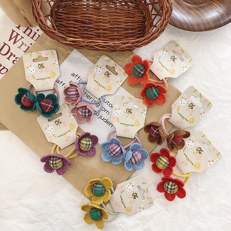 Wholesale Korean colorful autumn new flower hair band checkered core elastic hair ties for baby girls Wholesale Korean colorful autumn new flower hair band checkered core elastic hair ties for baby girls