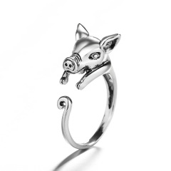 Antique Silver Women Men Jewelry Cute Pig 3D Zodiac Animal Adjustable  Ring