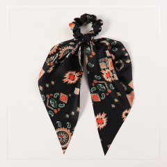 New style custom rabbit ear printed floral elastic ribbon scrunchies hair ties for girls