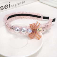 Wholesale fashion girls bowknot narrow yarn pearl lace hairbands for women