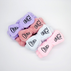 Wholesale Little Girl Pink Embroidered Coral Fleece Soft Bow Spa Headbands
