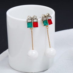 Creative new long pearl crystal Vintage silver Christmas gift box pendant earrings