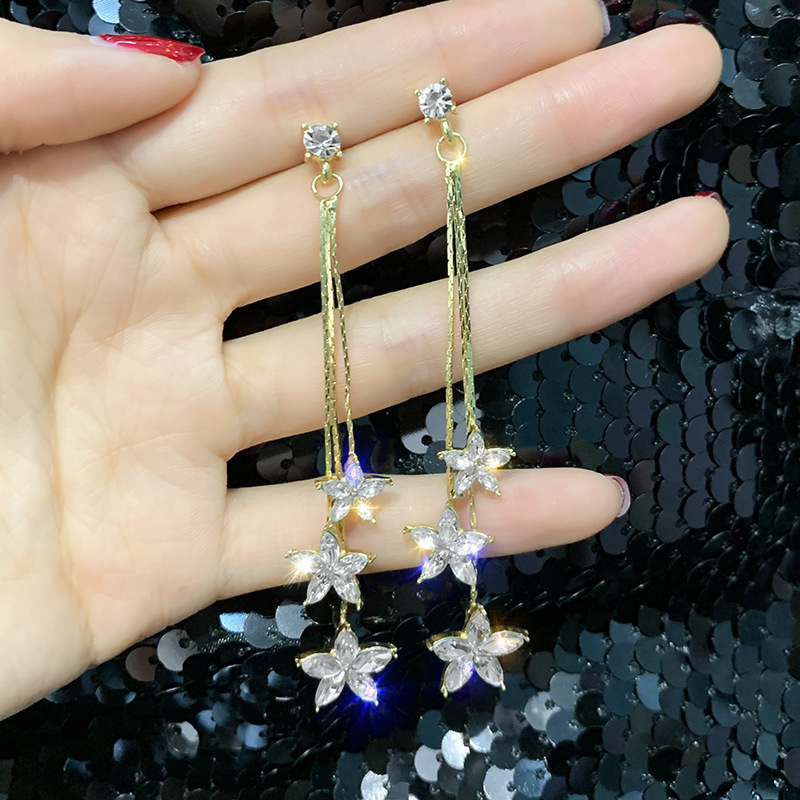 Ladies s925 silver needle earrings long luxury zircon butterfly tassel earrings