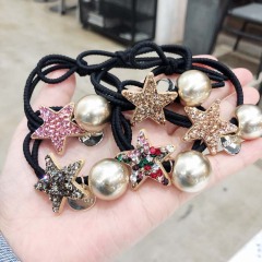 Korea fashion wholesale women girls elastic crystal faux pearl star hair ties