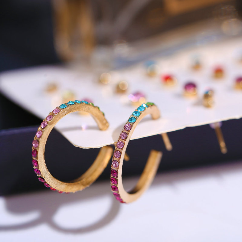 12pcs/set Creative retro fashion simple C type colorful crystal earrings for girls 12pcs/set Creative retro fashion simple C type colorful crystal earrings for girls