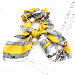 Bulk Custom Women Chiffon Elastic Bowknot Hair Ties Ponytail Holder Silk Scrunchies with Pearls