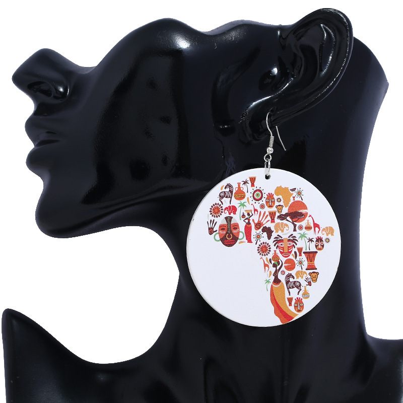 2020 new arrive custom 10designs fashion printing big round drop africa afro wooden earring wood jewelry for women