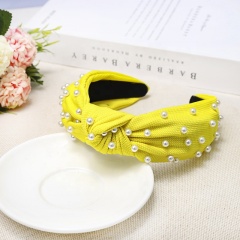 Pearl knotted headband solid color sweet fabric girl wide elastic hair band for women