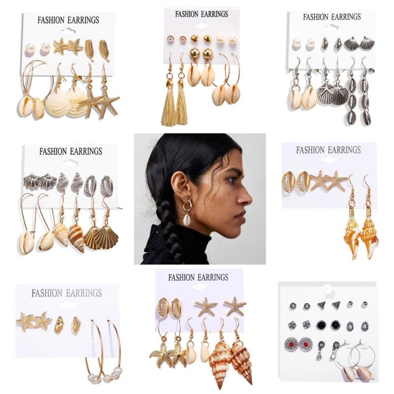 fashion best sell wish amazon korean women ladi jewelry earrings set ocean hoop drop shell earring