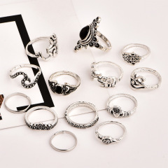 Fashion vintage silver boho Beach Ring Punk Hollow out jewel elephant opening ring set boho for girls women